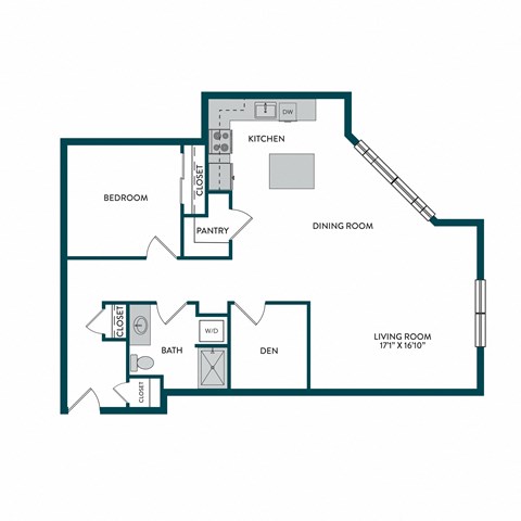 Floor plan for 1 bed, 1 bath, 985 sqft